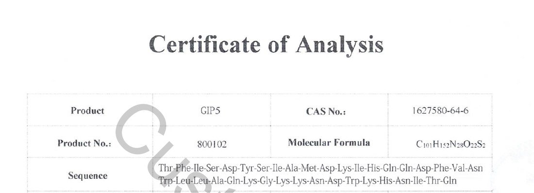 Ausschnitt aus dem Certificate of Analysis: Product GIP5, CAS-Nummer 1627580-64-6, Summenformel C101H152N28O22S2 und eine Sequenz aus 38 Aminosäuren